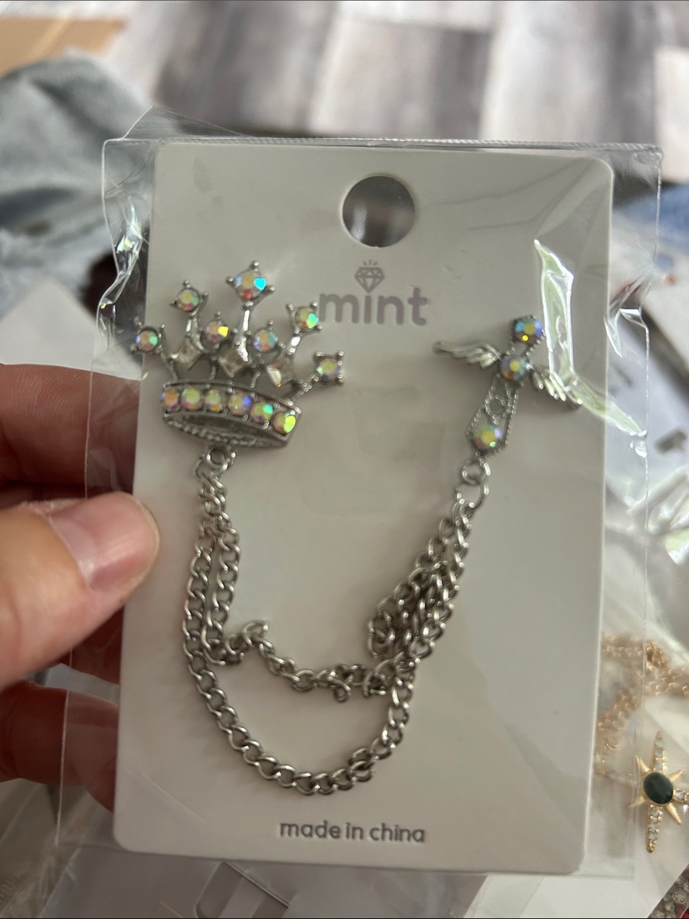 4/$50 Mint Silver-Tone Crown and Bird Double Chain Brooch with Iridescent Stones
